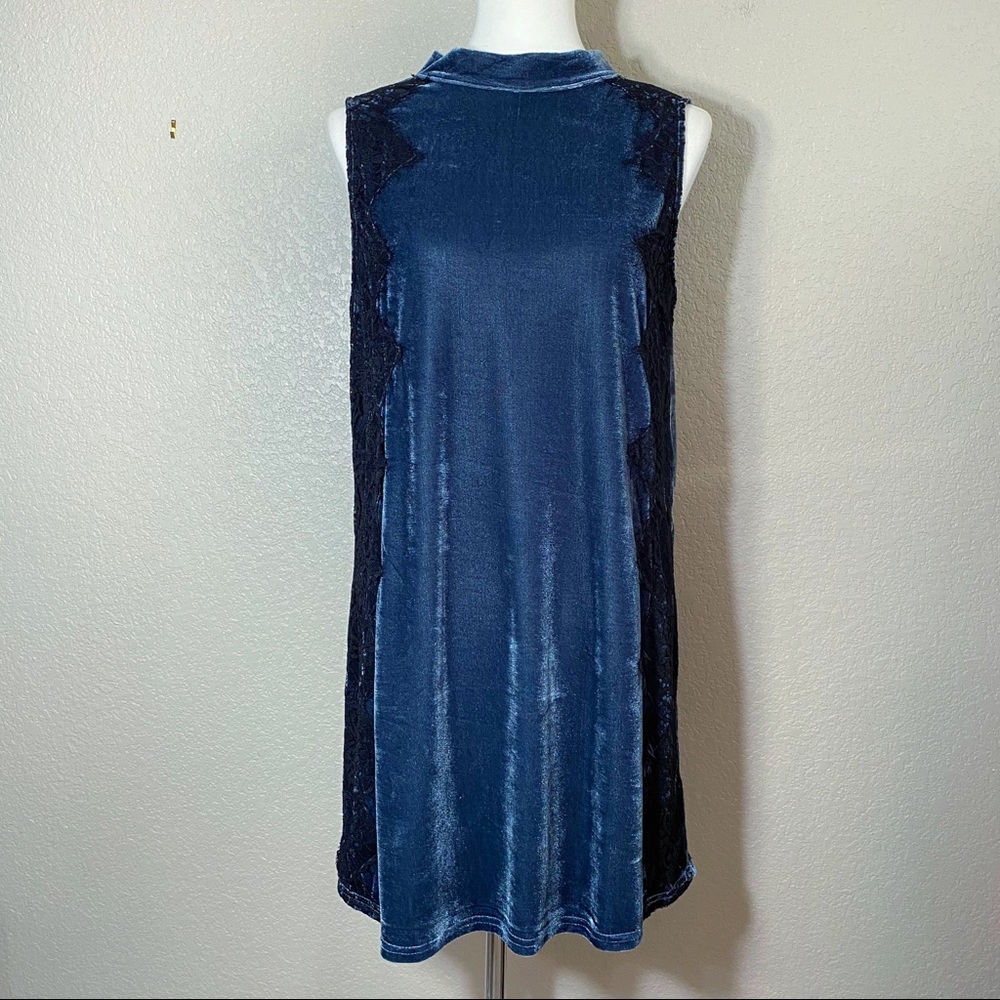 GB Blue Velvet Midi Sleeveless Dress Black Lace Med